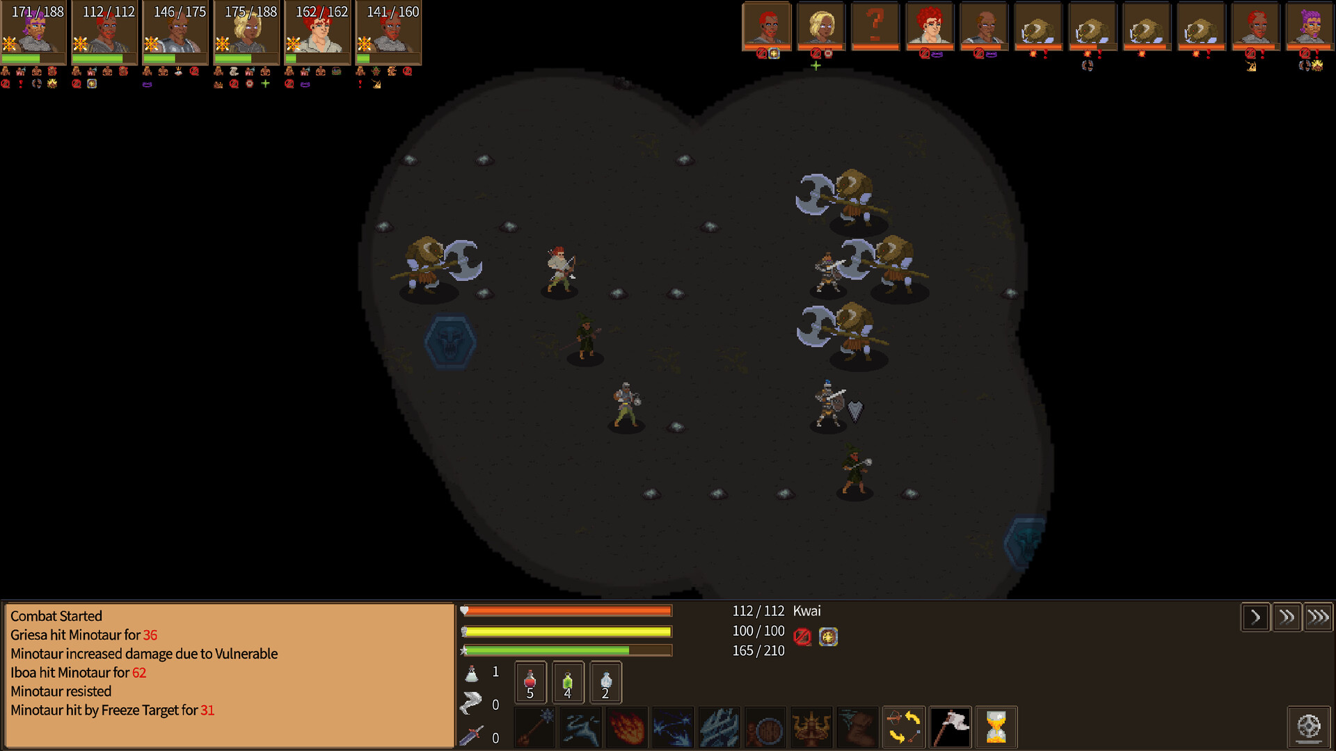 Turn-based combat screen with a six-member party facing four minotaurs, showing party health bars along the top and a hit-by-hit combat log at the lower left
