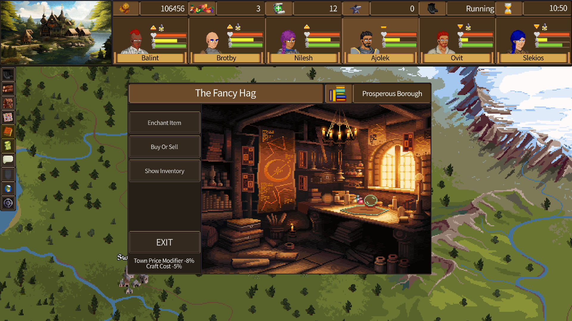 Town shop screen titled The Fancy Hag open over the overworld map, with Enchant Item, Buy Or Sell and Show Inventory options and a town price modifier