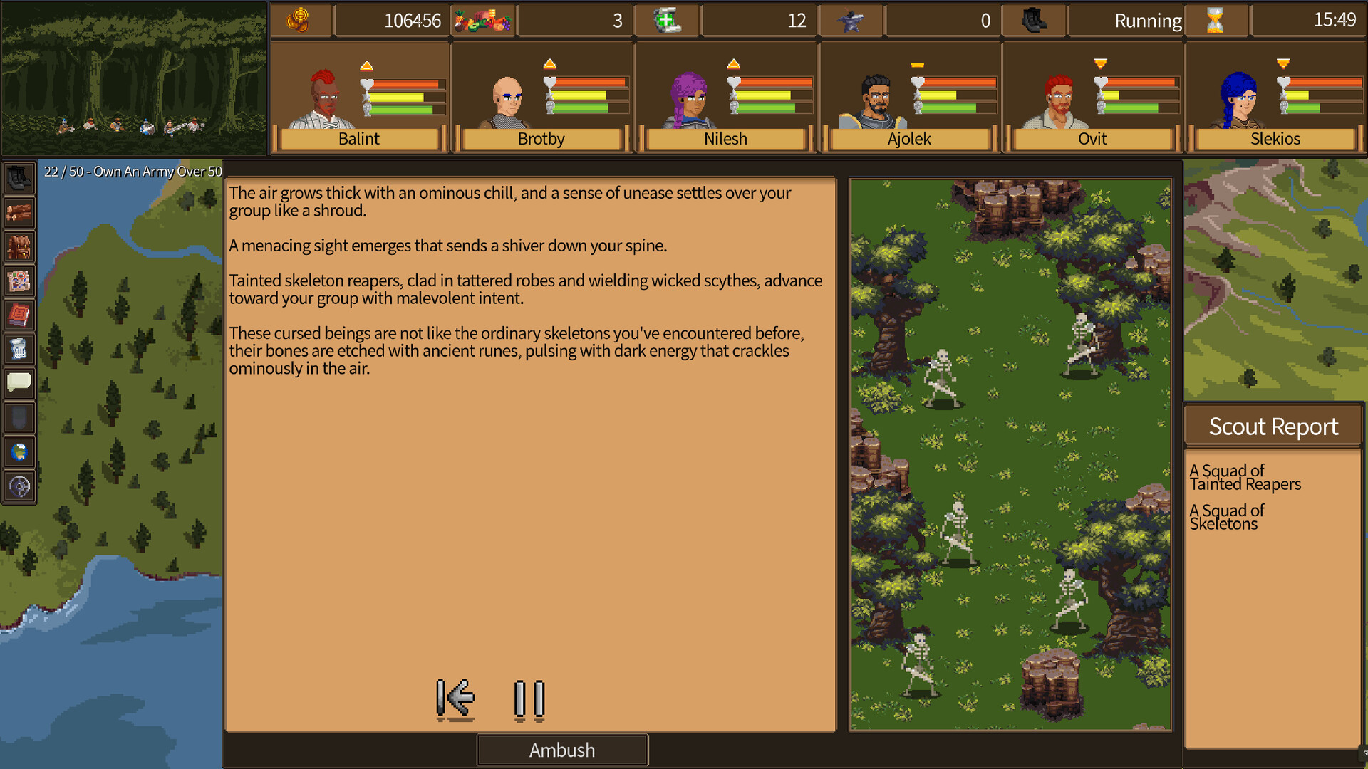 Story text panel describing an approaching pack of tainted skeleton reapers, beside a Scout Report panel and an Ambush button